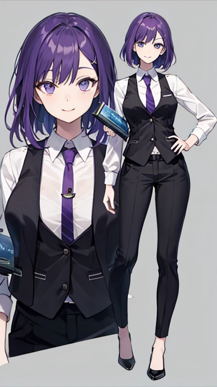 Woman with purple hair,bartender,vest,shirt,tie,pants,Heel,simple background,smile,whole body,full body,full body,Standing picture,vtuber,front,from front,Viewer&#39;s perspective,Focus your gaze on the front,