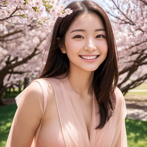 The eyes of a beautiful 18-year-old Japanese woman smiling cheerfully as she looked back at us under the cherry blossoms in full bloom, wearing a large translucent peach cloth around her body like a cloak. Focal length 100mmf/2.8, spring, sunny, uninhabite...