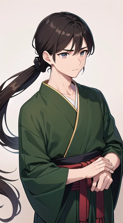 male, calmness, Slightly long, dark brown hair tied back, Green&#39;s gentle gaze, Medium build, medium height, The symbolic decoration of the Kanto Festival, A style that combines traditional attire with modern accents