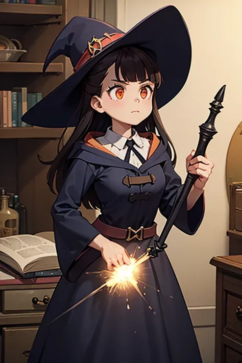 a black haired female witch with orange eyes in a conservative victorian dress is forging a wand