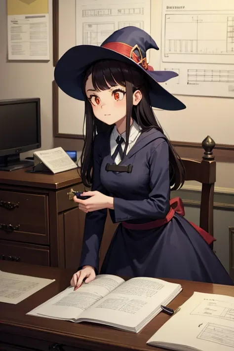 A black haired female witch with orange eyes in a conservative Victorian dress is looking over blueprints at a desk