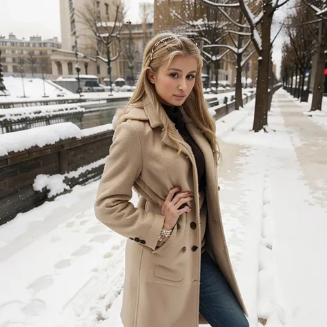 Paris Hilton in the snow wearing a beige coat