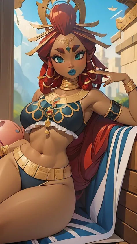 ((masterpiece)), ((best quality)), (detailed), perfect, solo, riju, gorgeous woman with armor bikini, luscious blue lips, red hair, huge breast, deep cleavage, huge breasts, sexy, lying down 