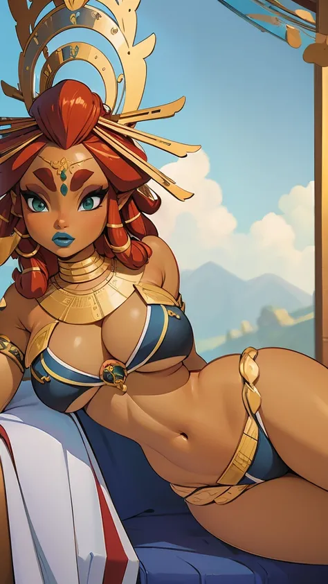 ((masterpiece)), ((best quality)), (detailed), perfect, solo, riju, gorgeous woman with armor bikini, luscious blue lips, red hair, huge breast, deep cleavage, huge breasts, sexy, lying down 