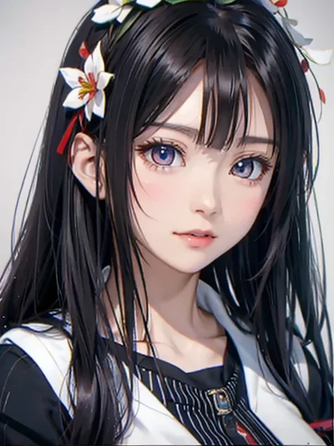 Anime girl with long black hair in white shirt and flower crown, beautiful anime portrait, stunning anime face portraits, beautiful anime girl, cute realistic portrait, Detailed portrait of anime girl, portrait anime girl, Realistic anime 3d style, realist...