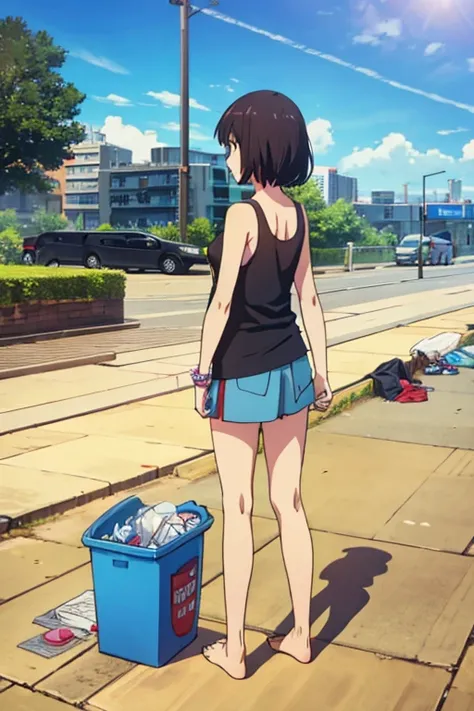 Poor girl,rubbish,Tank top,barefoot,city road,car