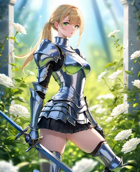 (best quality,4k,8k,highres,masterpiece:1.2),ultra-detailed,realistic,white girl,beautiful detailed eyes,beautiful detailed lips,blonde with ponytails,sexy girl,knight,armor with skirt,full body,confident posture,shiny armor,slender waist,long legs,gracefu...