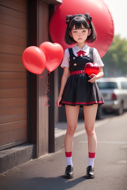 a 11 years old girls, ((she is having a red balloon)) , real photo, (((full body))), (looking down at me),  bob hair, big ribbon on he hair, (military dress), 