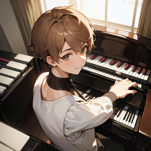 Composition seen from above。For Twitter icons、Image showing only the neck and above、upward glance、A young man with light brown hair, smiling and facing forward。I have a piano