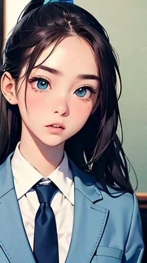 highest quality、realistic、Japanese、girl、zoom、look up、cute、Turquoise eyes、ponytail、chestnut hair、all back、The forehead is out、classroom、gray blazer、white blouse、blue tie、sit down、Yawn、stretch、close up face、slender、small breasts