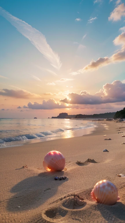 (8K, RAW photo, Best quality, masutepiece: 1.2), (Realistic, Realistic: 1.37) There are pink shells on the beach, there are waters, Pearlescent, pearls and shells, Soft spill, pearls, Pink jellyfish are everywhere, Soft 3D rendering, Ethereal bubbles, Bubb...