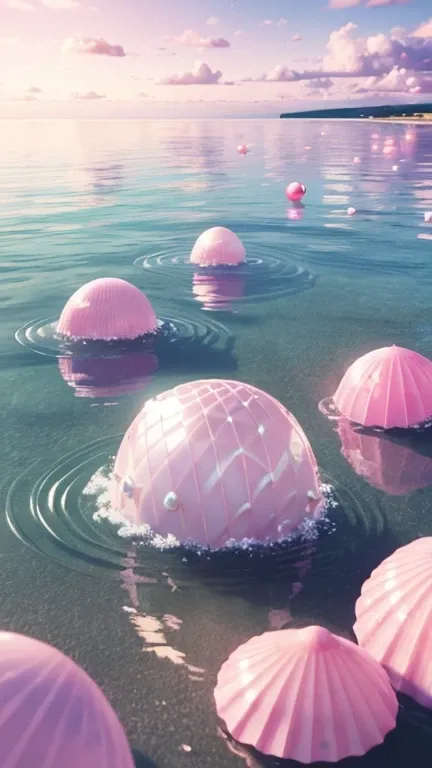 (8K, RAW photo, Best quality, masutepiece: 1.2), (Realistic, Realistic: 1.37) There are pink shells on the beach, there are waters, Pearlescent, pearls and shells, Soft spill, pearls, Pink jellyfish are everywhere, Soft 3D rendering, Ethereal bubbles, Bubb...