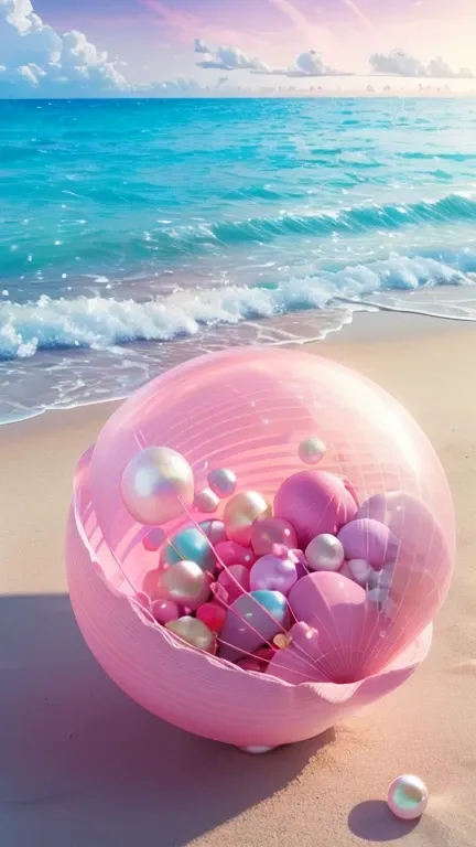 (8K, RAW photo, Best quality, masutepiece: 1.2), (Realistic, Realistic: 1.37) There are pink shells on the beach, there are waters, Pearlescent, pearls and shells, Soft spill, pearls, Pink jellyfish are everywhere, Soft 3D rendering, Ethereal bubbles, Bubb...