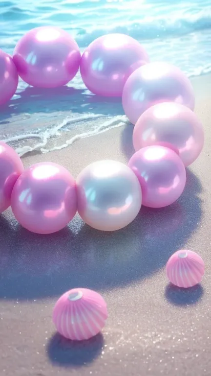 (8K, RAW photo, Best quality, masutepiece: 1.2), (Realistic, Realistic: 1.37) There are pink shells on the beach, there are waters, Pearlescent, pearls and shells, Soft spill, pearls, Pink jellyfish are everywhere, Soft 3D rendering, Ethereal bubbles, Bubb...