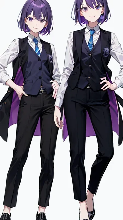 Woman with purple hair,bartender,vest,shirt,tie,pants,Heel,simple background,smile,whole body,full body,full body,Standing picture,vtuber,front,from front,Viewer&#39;s perspective,Focus your gaze on the front,