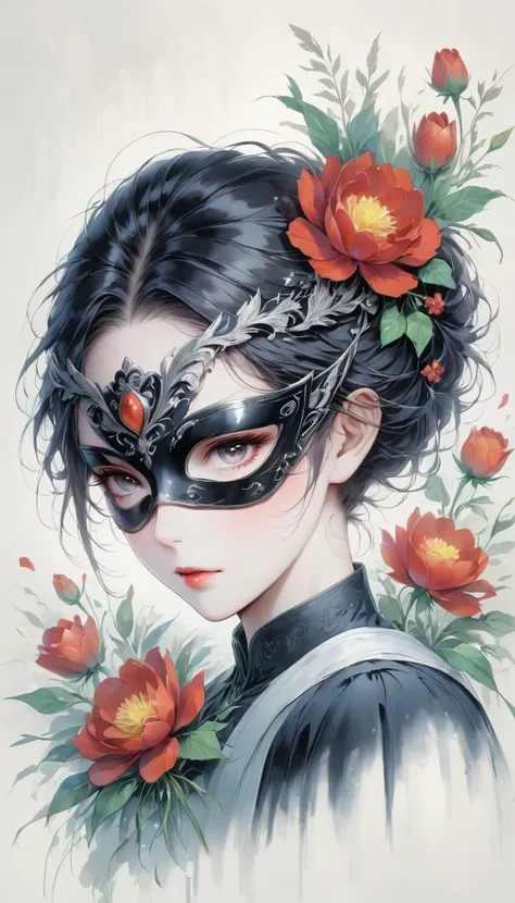 Anime line drawing，black and white，mask，flower