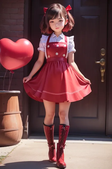 a 11 years old girls, ((she is having a red balloon)) , real photo, (((full body))), (looking down at me),  bob hair, big ribbon on he hair, (apron leather dress), boots,