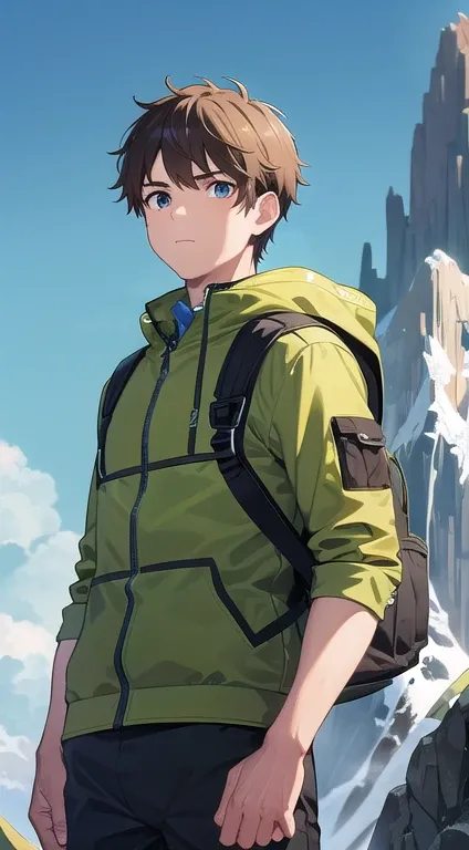 male, Curious and active, Short brown hair, Green, curious, shining eyes, Muscular and healthy, Mountaineering backpack, Outdoor wear and accessories symbolizing local nature