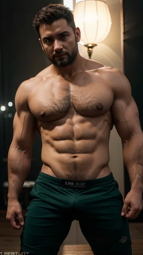 foto de barba musculosa (hombre) en un desgastado ((Green erotic fact revealing skin, enormes pectorales peludos)), Pectorales grandes, brazos grandes, gran bulto, ((luz bokeh)), intrincado, (metal de acero [descansar]), elegante, erotic, exuding sexual en...