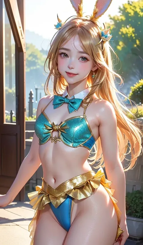 masterpiece, best quality, extremely detailed CG unity 8k wallpaper, (Upper Body head close-up shot of a beautiful little girl), , Elegant Long straight blonde hair, (Mckenna Grace), (flat chest,thighs), (Brown-blue) golden (Glittering tutu,long Bunny Ear ...