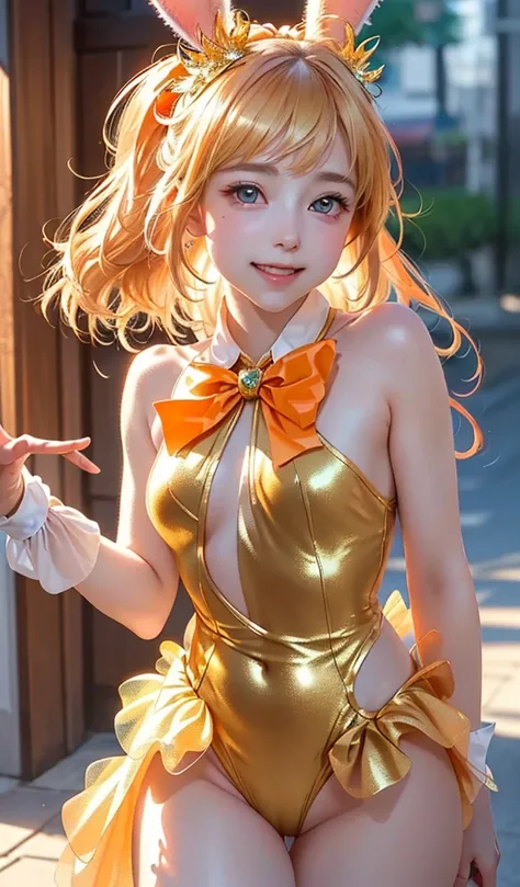 masterpiece, best quality, extremely detailed CG unity 8k wallpaper, (Upper Body head close-up shot of a beautiful little girl), , Elegant Long straight blonde hair, (Mckenna Grace), (flat chest,thighs), (orange-blue) golden (Glittering tutu,long Bunny Ear...