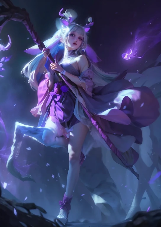 (Realistic:1.3), Texture,(purple eyes), (White deer),(A young girl holding a staff in purple clothes and white deer feet:1.3), Lovely, long white hair, Pink antlers on head,pink lipstick, kimono,  Cherry blossoms fluttering,high detail