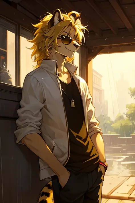 Cheetah, antro, male, solo, non-human, informal clothes, Rain, younger, 20 years old, taller, messy hair, cheetah face, slim body, cheetah tail, sun glasses, blonde hair, little smile, furry.