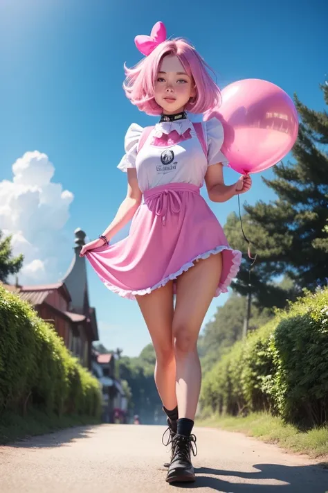 a 11 years old girls, (((she is having a pink balloon))) , real photo, (((full body))), (looking above at me),  bob hair, big ribbon on he hair, (apron, leather hot pants), 