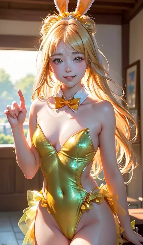 masterpiece, best quality, extremely detailed CG unity 8k wallpaper, (Upper Body head close-up shot of a beautiful little girl), , Elegant Long straight blonde hair, (Mckenna Grace), (flat chest,thighs), (orange-green) golden (Glittering tutu,long Bunny Ea...