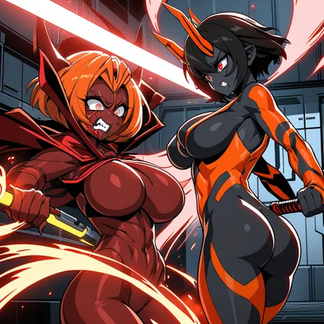 (Anime Line Art) A sexy Sith Warlord (alien, big breasts, no hair many small horns instead, blood red eyes, deep red almost black skin, many fierce orange body tattoos, small fighting costume, looks unhinged, wielding a red light saber) is dueling with a J...