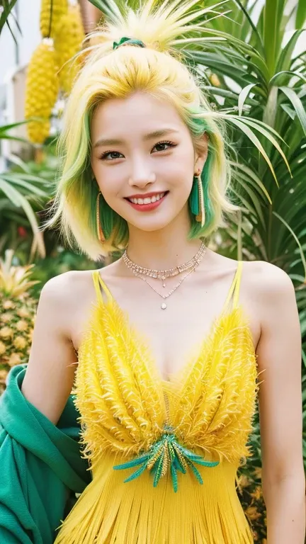 (extra detailed body、highly detailed face、best quality:1.2)、woman、looking at the viewer、(Yellow and yellow-green gradient hair color、laughter、14 years、Piercing of bird feathers up to the shoulder、necklace、Colorful)、(There are lots of pineapples in the back...