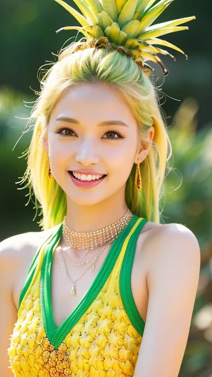 (extra detailed body、highly detailed face、best quality:1.2)、woman、looking at the viewer、(Yellow and yellow-green gradient hair color、laughter、14 years、Piercing of bird feathers up to the shoulder、necklace、Colorful)、(There are lots of pineapples in the back...