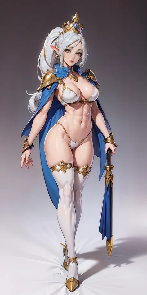 extremely long hair , ponytail, perfect anatomy 1 girl tall solo, slim thick, ((muscular)) high elf toned body, silver breast plate, blue cape, slendered abs, hourglass waist, detailed face, defined cheekbones, puffy lips, gauntlets, gold crown, shadow ove...