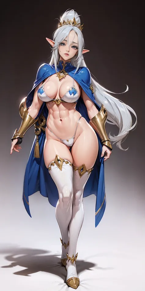 extremely long hair , ponytail, perfect anatomy 1 girl tall solo, slim thick, ((muscular)) high elf toned body, silver breast plate, blue cape, slendered abs, hourglass waist, detailed face, defined cheekbones, puffy lips, gauntlets, gold crown, shadow ove...