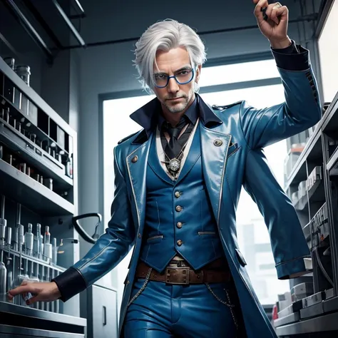 40 year old tech Steampunk man with blue pants silver jacket white hair with glasses blue eyes looking straight at the viewer in a chemical laboratory background 