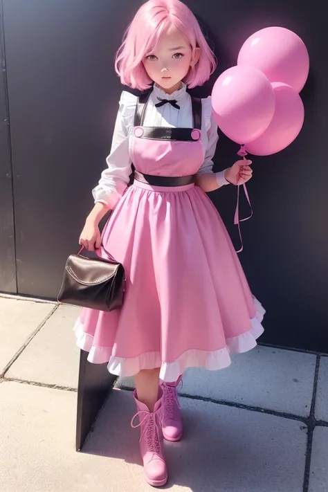 a 11 years old girls, (((she is having a pink balloon))) , real photo, (((full body))), (looking above at me),  bob hair, big ribbon on he hair, (apron, leather long skirt, boots), 