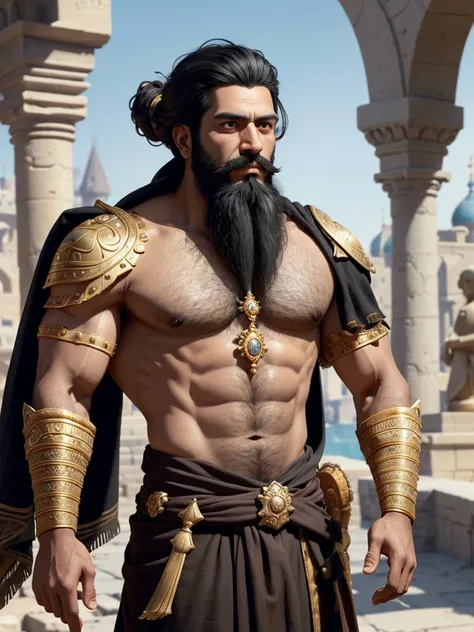 (masterpiece), (best quality),1boy,solo,black hair,(black beard) ,plenty of beard, (ancient man:1),Mesopotamian king,Arabian,(tanned skin),ancient luxurious long clothes, ancient golden crown,(looking at viewer:1.2),animation style render, 3D,full body, st...