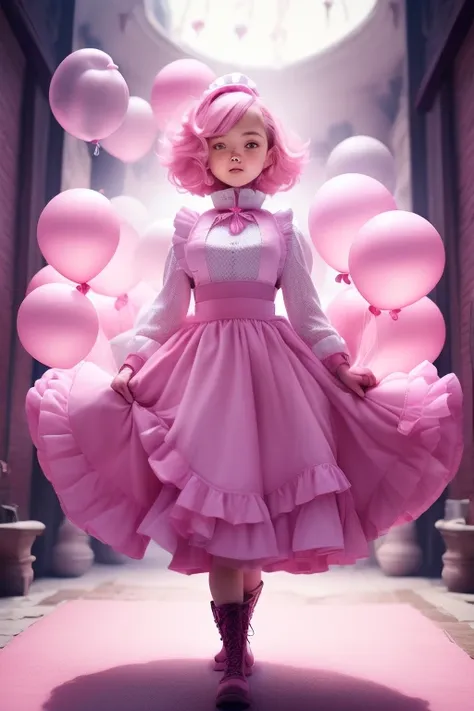 a 11 years old girls, (((she is having a pink balloon))) , real photo, (((full body))), (looking above at me),  bob hair, big ribbon on he hair, (apron, leather long skirt, boots), 