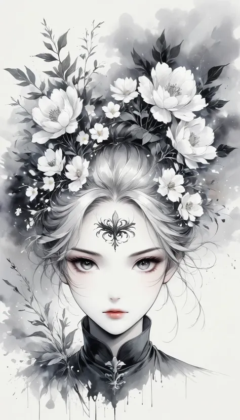 Anime line drawing，black and white painting，Minimalism，line art，mask，flower