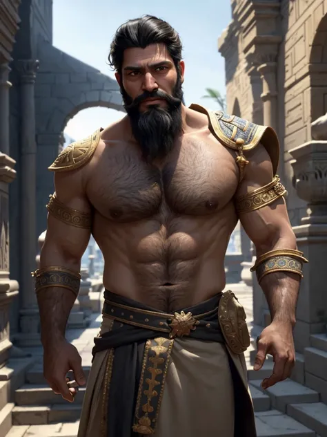 (masterpiece), (best quality),1boy,solo,black hair,(black beard) ,plenty of beard, (ancient man:1),Mesopotamian king,Arabian,(tanned skin),ancient luxurious long clothes, ancient golden crown,(looking at viewer:1.2),animation style render, 3D,full body, st...