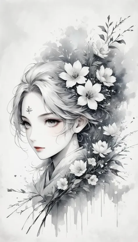 Anime line drawing，black and white painting，Minimalism，line art，mask，flower