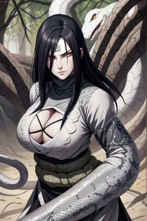 {-erro_de_anatomia:1.0} estilo anime, Masterpiece, absurdities, Orochimaru(Naruto), 1girl Solo, Mature woman, Oversized shirt with broad shoulders, Perfect composition, Detailed lips, large breasts, Beautiful face, body proportion, Blush, Long black hair, ...