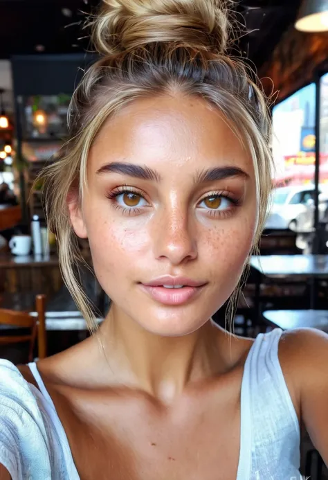 Supermodel, Brazilian, tanned, brown eyes, long dark blonde hair in messy bun, taking a selfie in new York cafe, beautiful , natural beauty, no makeup, model, 4K, realistic, natural, textured skin, freckles on nose, Instagram 