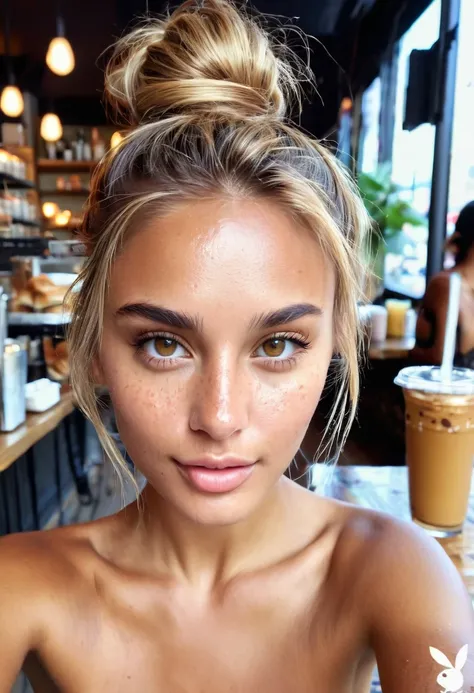 supermodel, brazilian, tanned, brown eyes, long dark blonde hair in messy bun, taking a selfie in new york cafe, beautiful , nat...