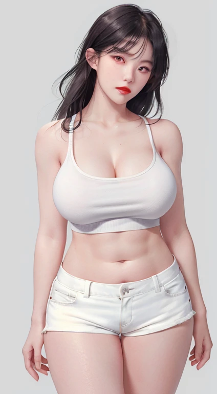 girl, Bangs, bare shoulders, black pants, extra large breasts, Breasts are squeezed together, gray background, hair between eyes, long hair, view viewer, short shorts, open lips, Red eyes, camisole, Simple background, sleeveless, sleeveless shirt, alone, ,...