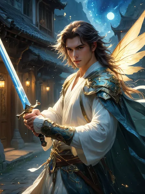 masterpiece，1 male，aldult，Beautiful face，young，advanced，Antique theme，Fairies，Ancient costumes，holding sword，Sunlight，street，Long hair flying，Sunlight，Background style，breeze blowing，Loose robe，fantasy landscape，Starlight around the character，（whole body），...