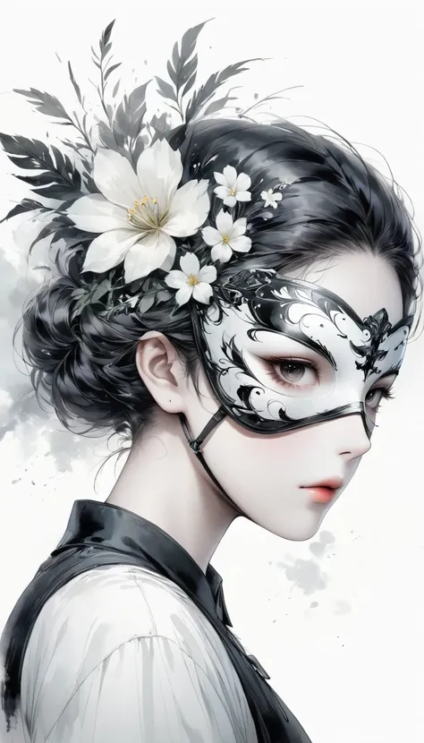 (Anime line drawing:1.5)，black and white painting，Minimalism，line art，sketch，Charcoal drawing，mask，flower