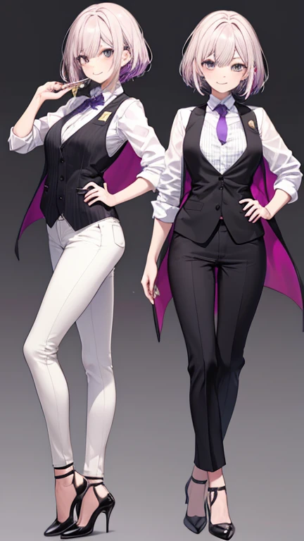 Purple,High cut layered hair,woman,bartender,vest,shirt,tie,pants,high heels,all,simple background,smile,whole body,full body,full body,Standing picture,vtuber,front,from front,viewer&#39;point of view,視線をfrontに,