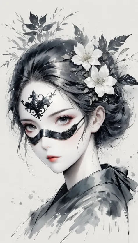 (Anime line drawing:1.5)，black and white painting，Minimalism，line art，sketch，Charcoal drawing，mask，flower