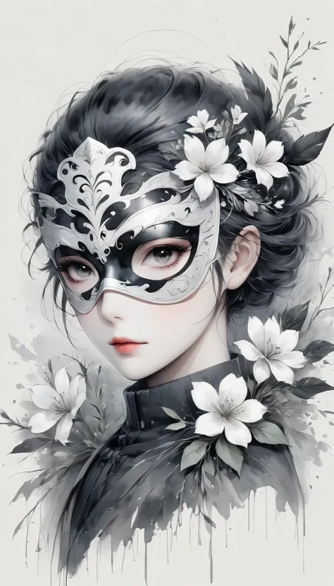 (Anime line drawing:1.5)，black and white painting，Minimalism，line art，sketch，Charcoal drawing，mask，flower